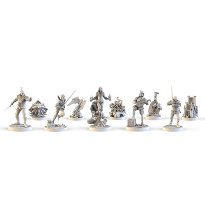 A set of unpainted white fantasy miniatures including characters, monsters, and terrain, displayed on white bases