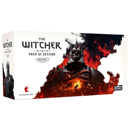 The Witcher: Path of Destiny board game box. Armored Wild Hunt leader with skull helmet against a fiery scene