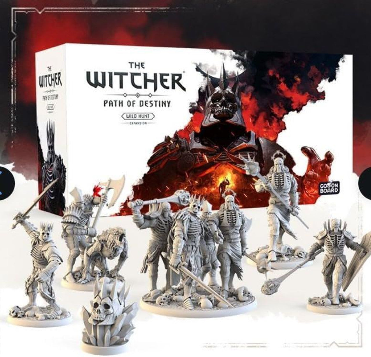 The Witcher: Path of Destiny Wild Hunt expansion box and several unpainted skeletal warrior miniatures