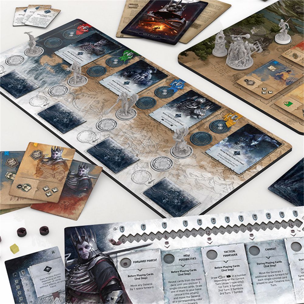 The Witcher: Old World board game setup, showing a map, detailed miniatures, character cards, and player boards