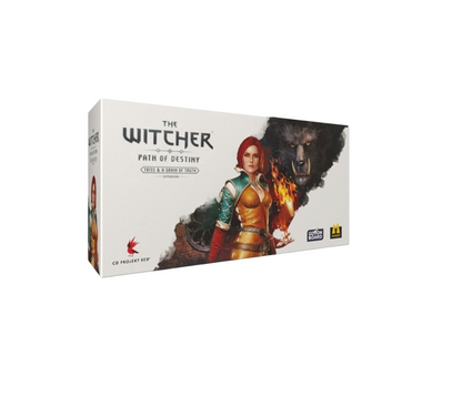 The Witcher: Triss and a Grain of Truth game box. Red-haired Triss casts fire, a dark wolf looms behind her