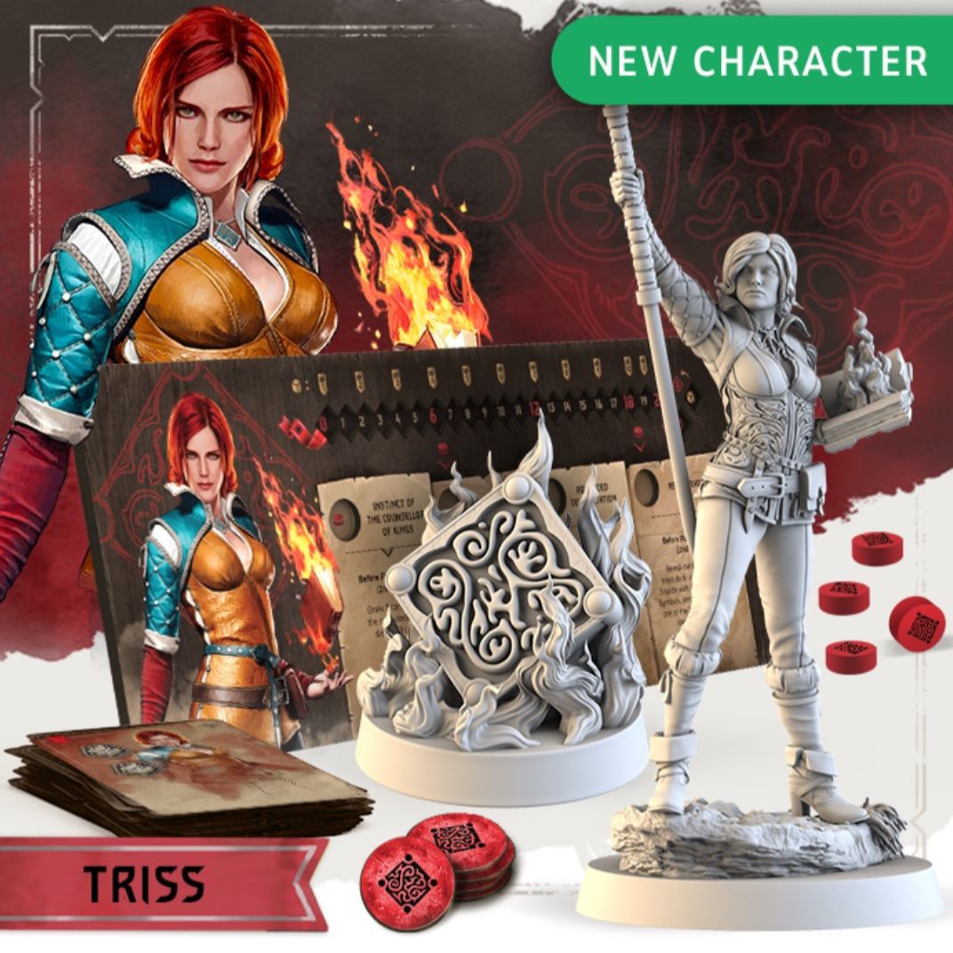 New Witcher character Triss Merigold: vibrant artwork, gray miniature holding a staff, and game components with fire effects