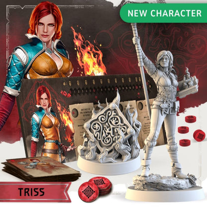New Witcher character Triss Merigold: vibrant artwork, gray miniature holding a staff, and game components with fire effects