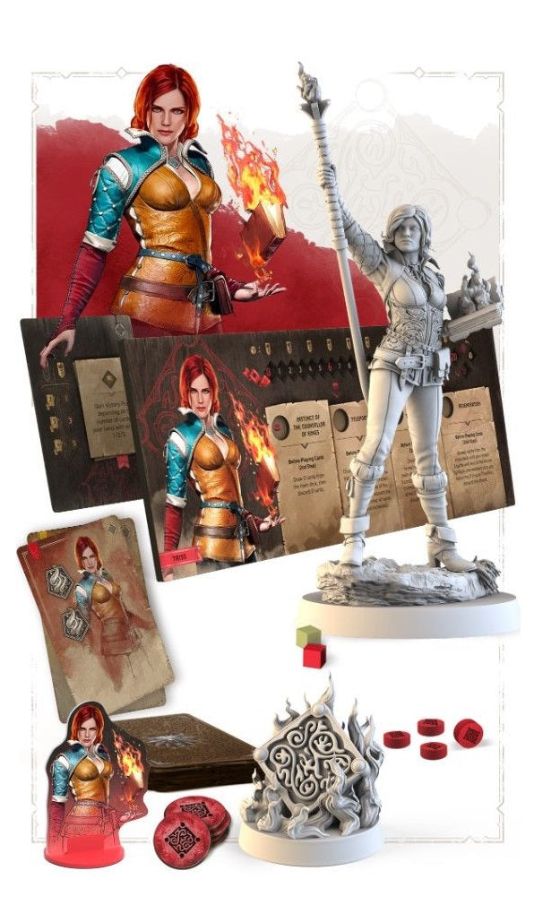 Triss Merigold from The Witcher, depicted as an unpainted miniature, character art, game cards, and tokens for a board game
