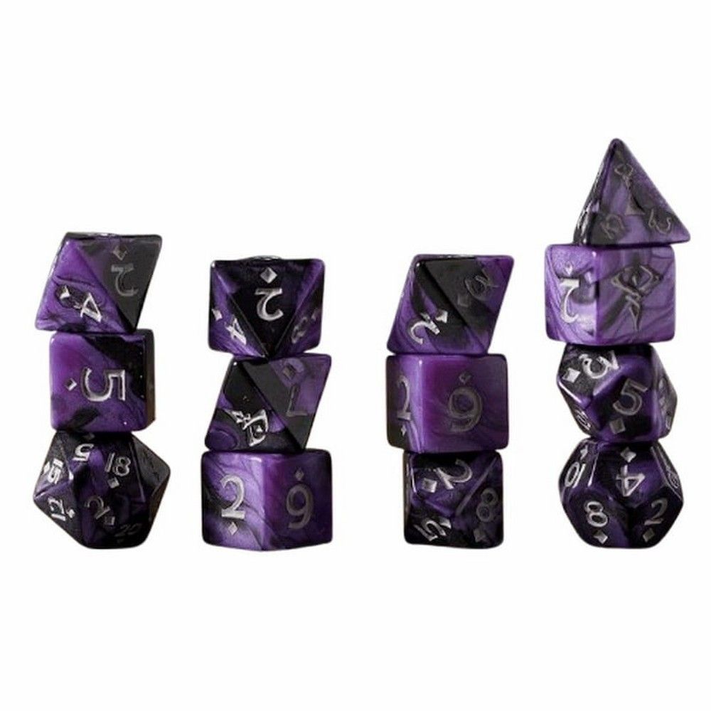 Stacked purple and black marbled polyhedral gaming dice