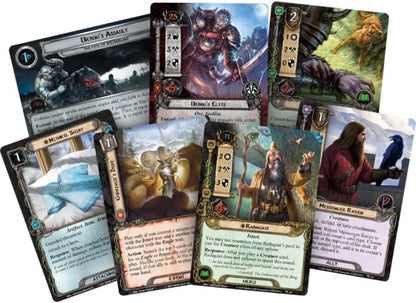 Lord of the Rings card game cards fanned out, showing fantasy characters, creatures, and items