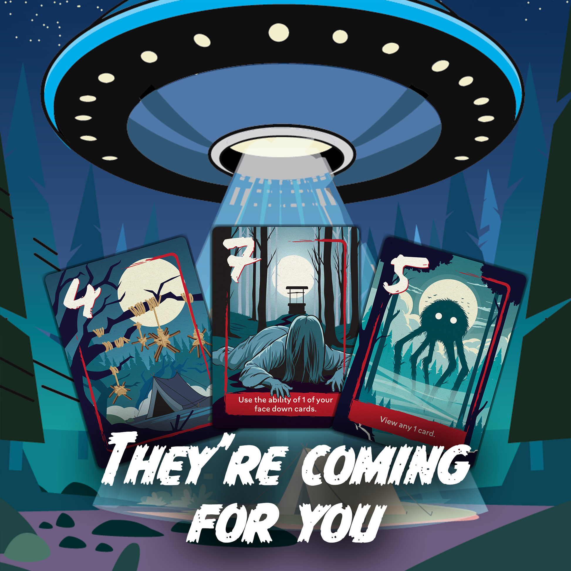 A UFO hovers over a dark forest, beaming light onto three horror-themed game cards, Text: "They're Coming For You"