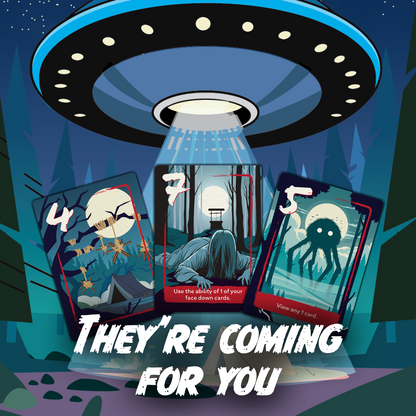 A UFO hovers over a dark forest, beaming light onto three horror-themed game cards, Text: "They're Coming For You"