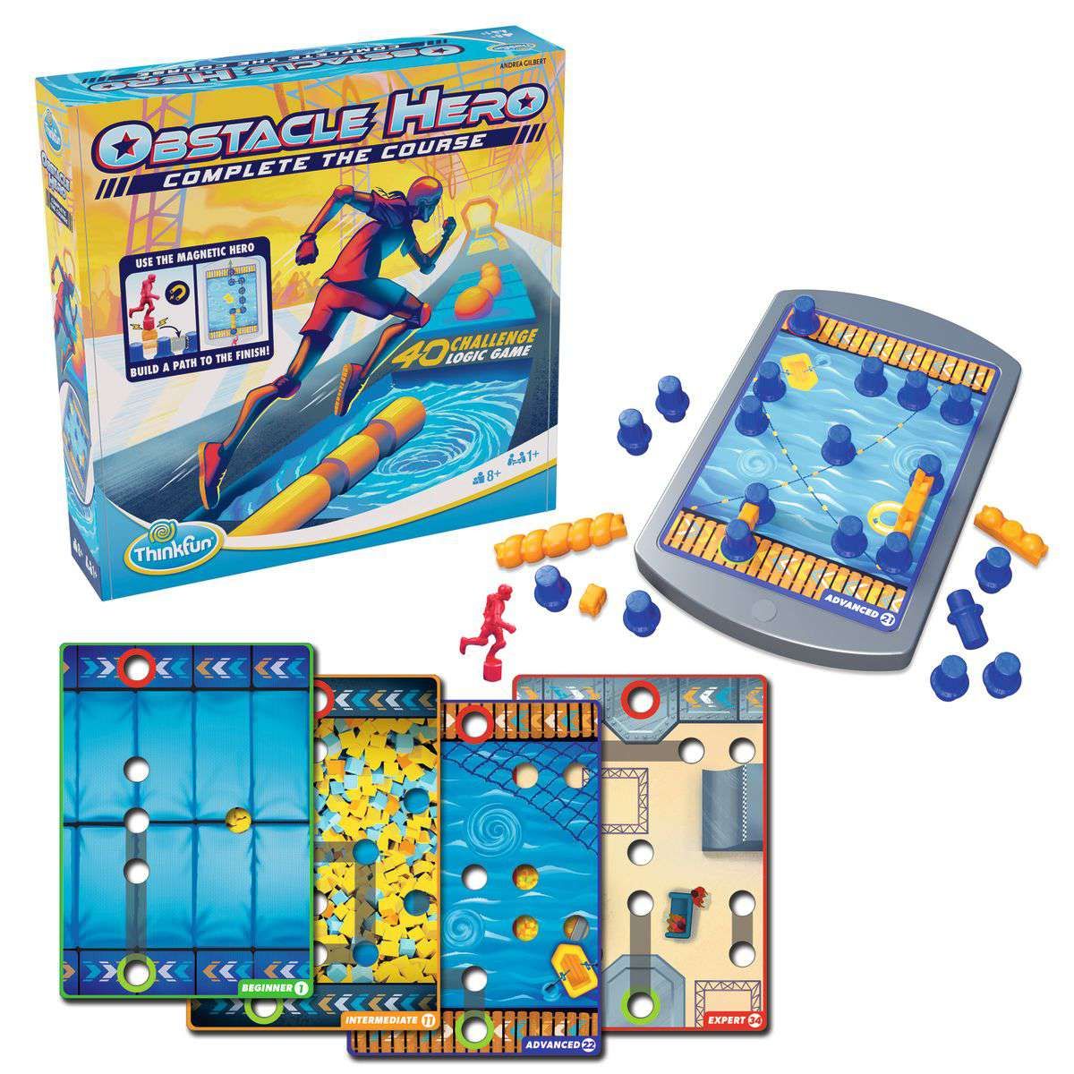 Obstacle Hero magnetic logic game by Thinkfun, showing the box, game board with blue water and obstacles, red magnetic runner, pegs, and four colourful challenge cards