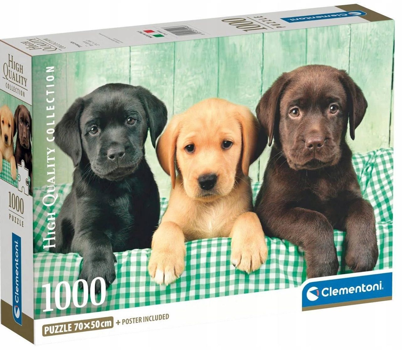 Front of a puzzle box with three Labrador puppies (black, yellow, chocolate) sitting in a green checkered bed