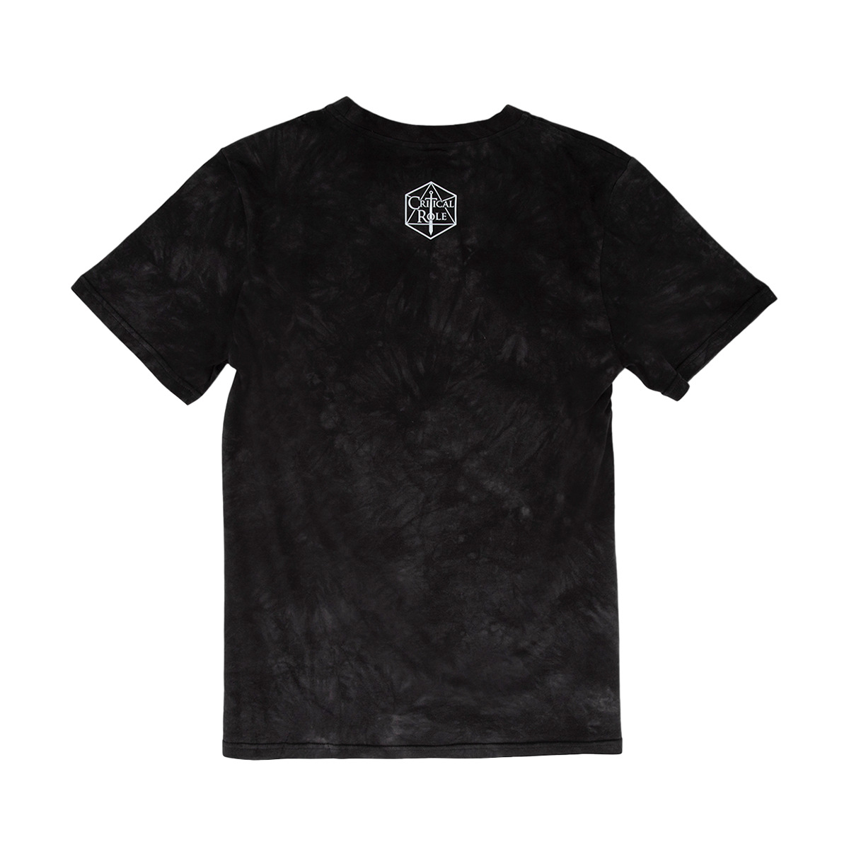 Back view of a distressed black Three Trinket Moon T-Shirtwith a white Critical Role logo centered on the upper back