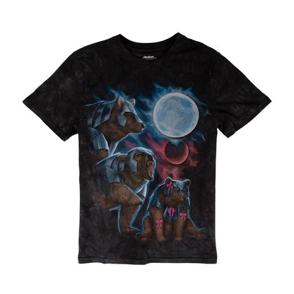 Black Critical Role Three Trinket Moon T-Shirt with a graphic of two adult armored bears and a cub with pink bows under a blue moon and red planet