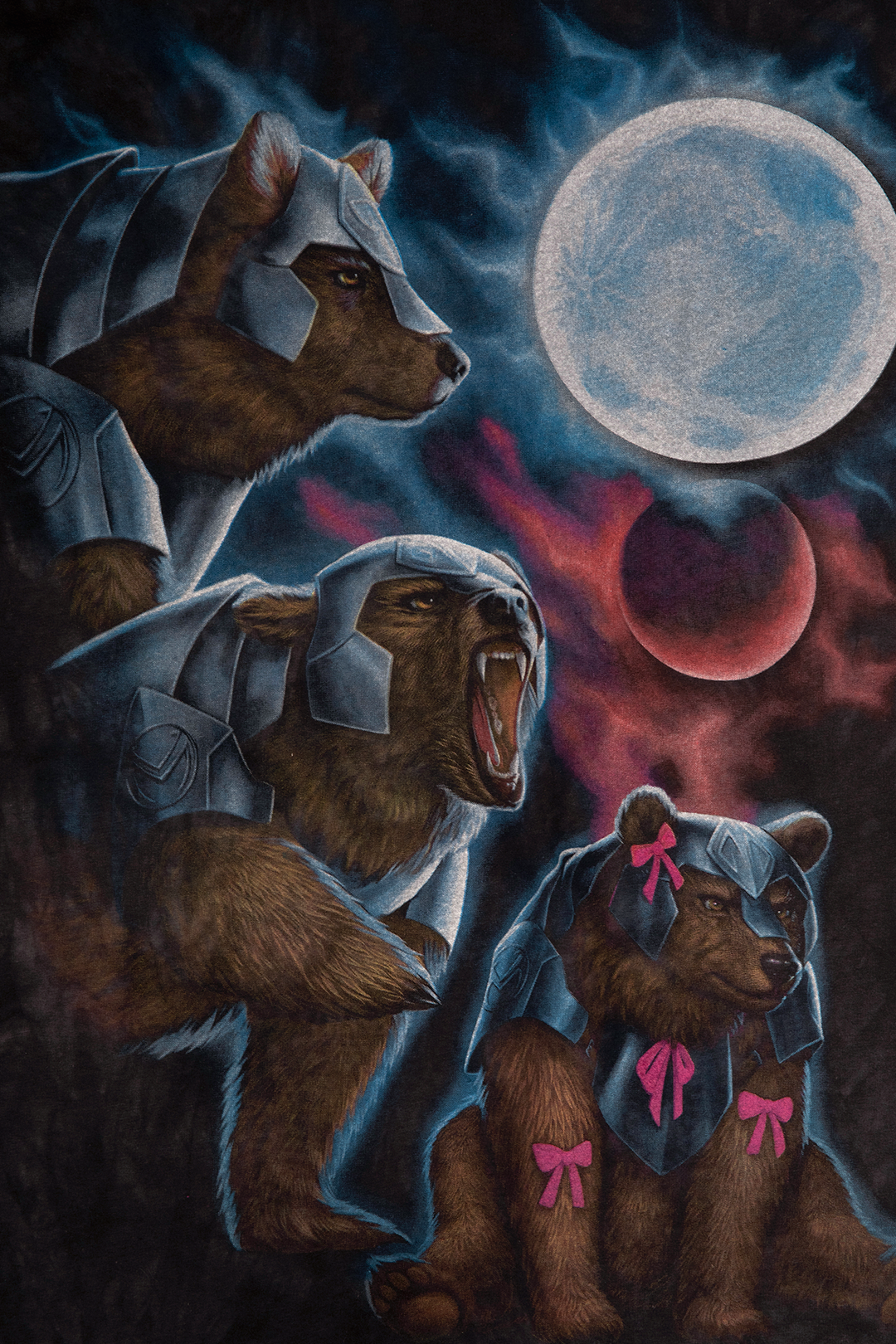 Three armored bears under a moonlit sky. One roars, another sits with pink bows. A red planet floats nearby