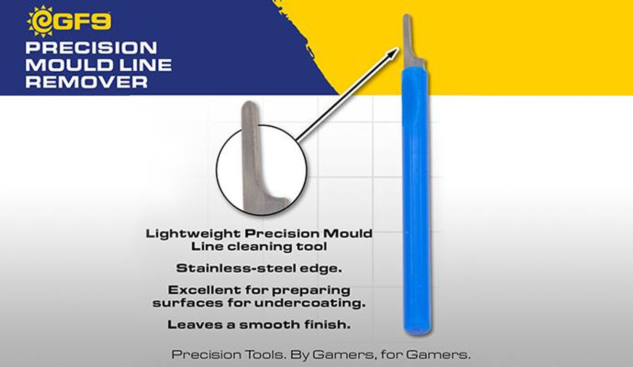 GF9 Precision Mould Line Remover: a blue tool with a stainless steel L-shaped blade, shown with a magnified view of the tip