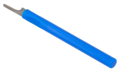 A blue-handled hand tool with a short, hooked metal tip
