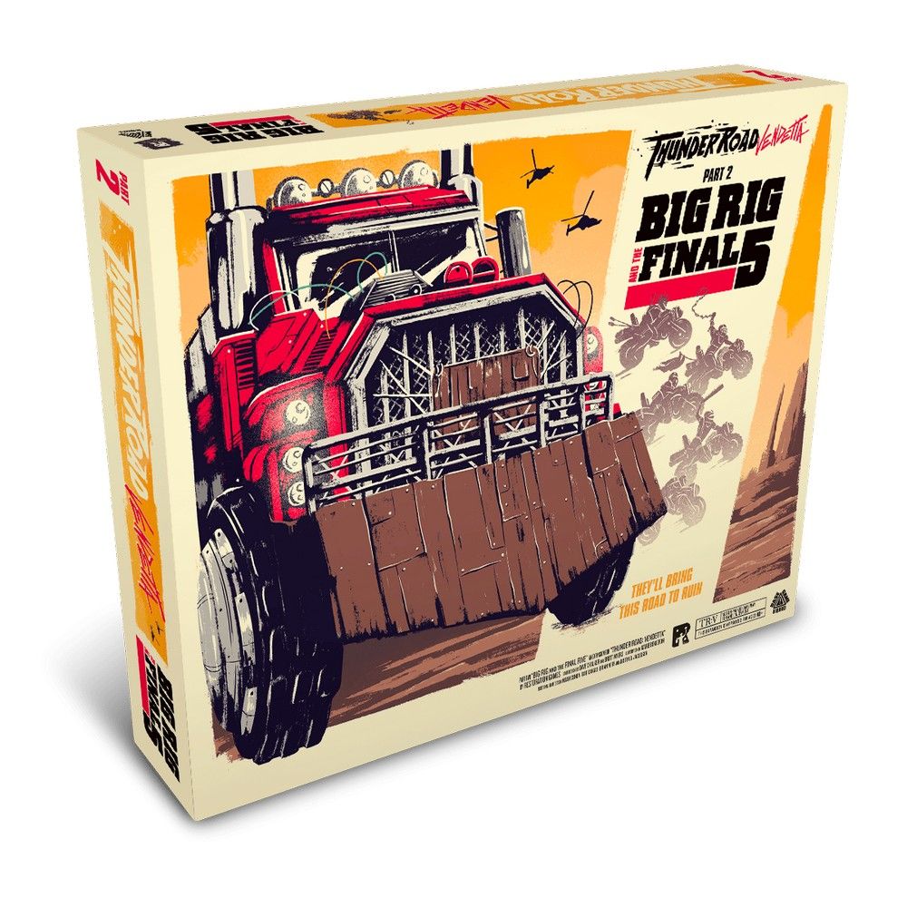Thunder Road: Big Rig Finals board game box. Armored red truck with plow drives towards motorcycles & helicopters
