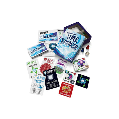 Time Breaker board game spread out with cards, rulebook, dice, and red/blue game pieces.
