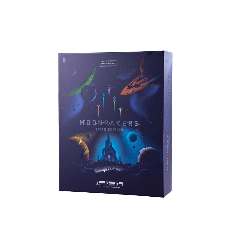Moonrakers Titan Edition board game box featuring dark space art, planets, multiple rockets and a glowing central citadel