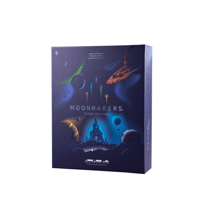 Moonrakers Titan Edition board game box featuring dark space art, planets, multiple rockets and a glowing central citadel