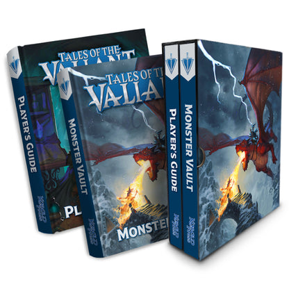 Four Tales of the Valiant RPG books (Player's Guide, Monster Vault) with covers depicting fire-breathing dragons