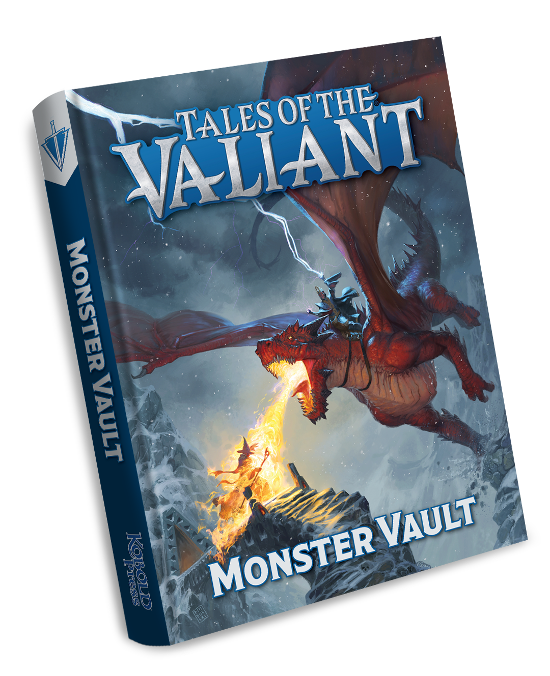 The Tales of the Valiant Monster Vault sourcebook cover shows a red dragon breathing fire at a wizard on a snowy mountain with lightning in the sky
