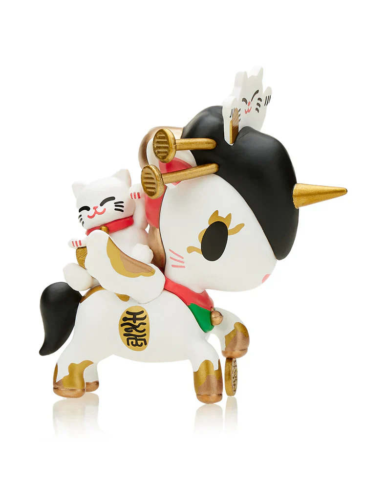A white Japanese-style unicorn with black hair and gold horn, carrying a small Maneki-neko waving cat
