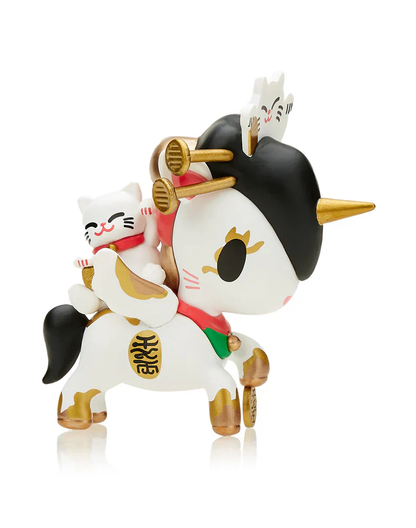 A white Japanese-style unicorn with black hair and gold horn, carrying a small Maneki-neko waving cat