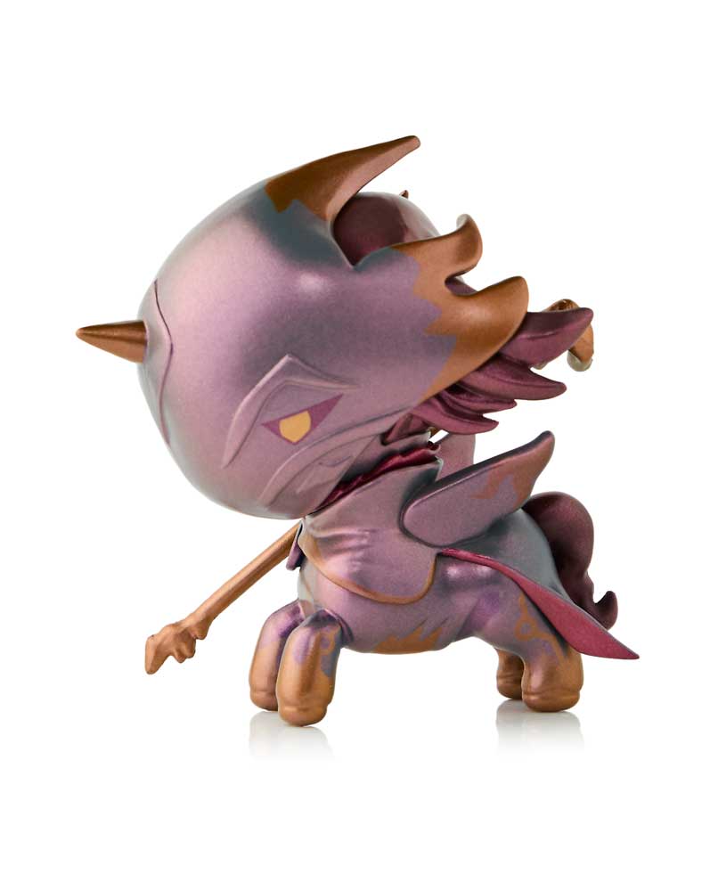 A stylized purple and bronze winged unicorn-like figure with horns, a large head, and a hand-shaped tail