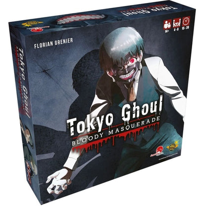 Board game box for Tokyo Ghoul: Bloody Masquerade, featuring a menacing masked character with glowing red eyes