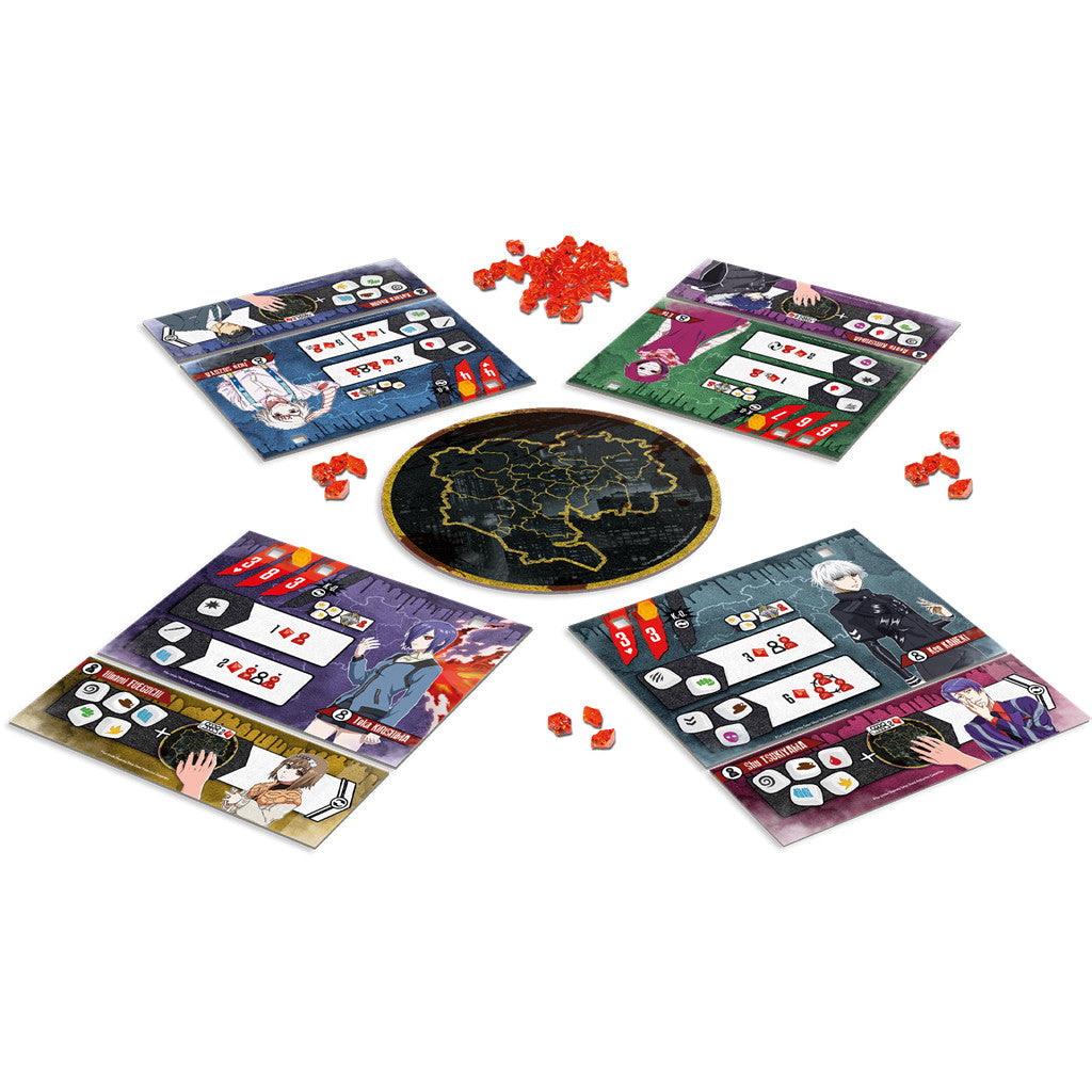 Tokyo Ghoul board game setup: Four anime character boards, a central map board, and scattered red crystal tokens