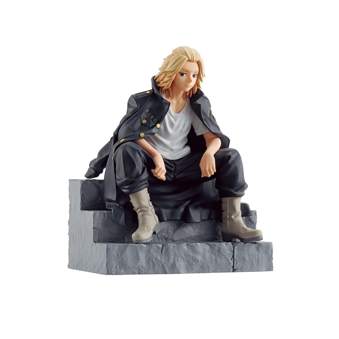 Tokyo Revengers Mikey anime figure with blonde hair, black jacket, white shirt, sitting on gray steps
