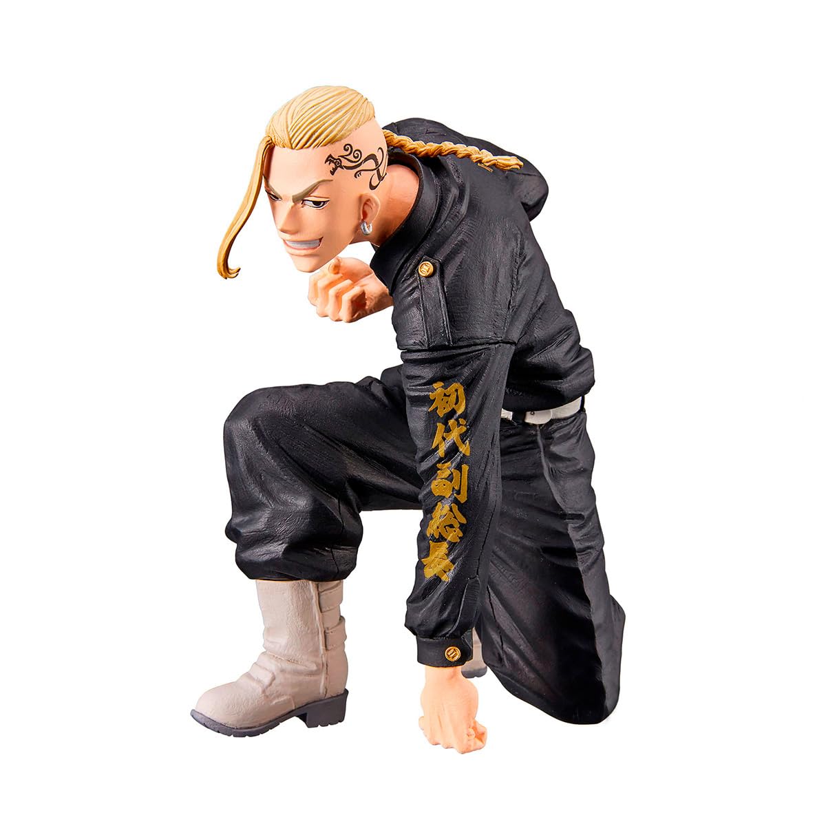 Draken figure from Tokyo Revengers, kneeling in black uniform with temple tattoo and clenched fists