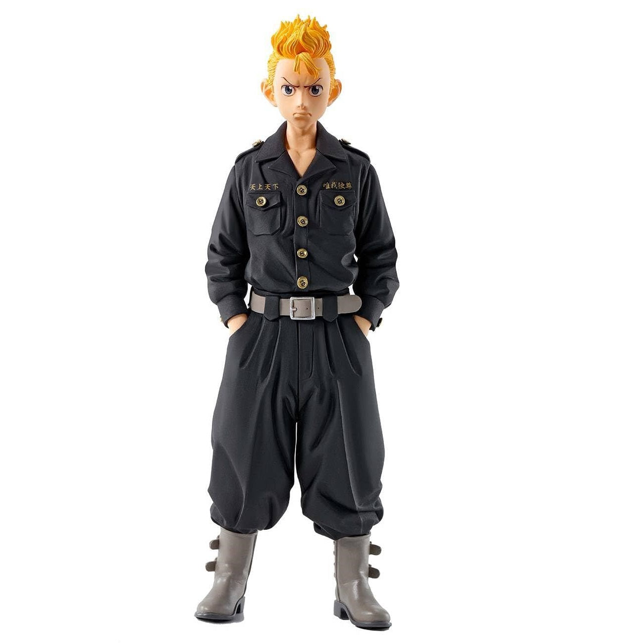 Tokyo Revengers figure of Takemichi Hanagaki in a black uniform with gold buttons, spiky blonde hair, hands in pockets
