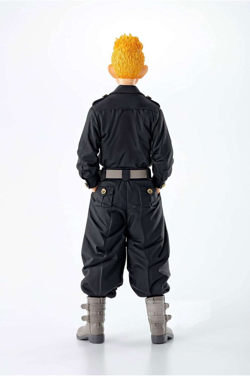 Blond-haired anime figure in black uniform and boots, seen from behind with hands in pockets