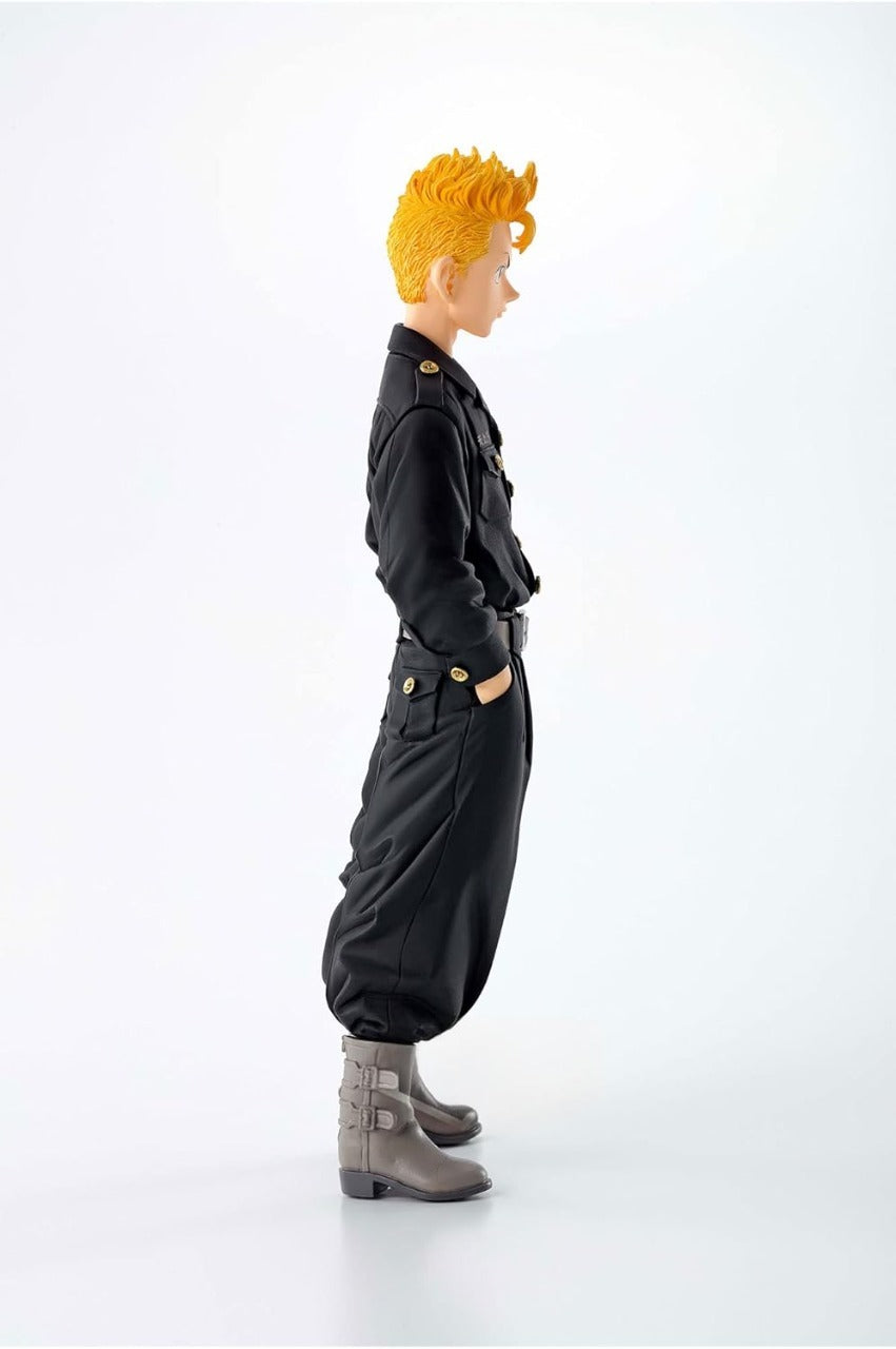 An anime figure with spiky blonde hair, black uniform, and hands in pockets, standing in profile