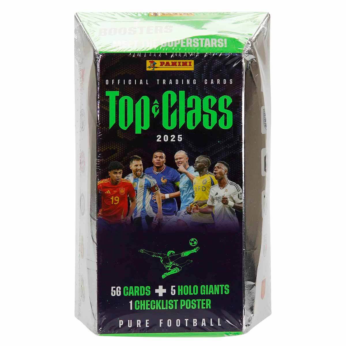 Sealed Panini Top-Class 2025 soccer trading card box, featuring images of Messi, Mbapp and other players