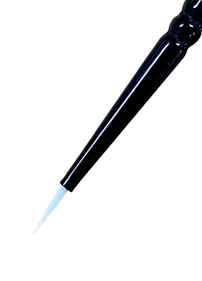 Black-handled ultra-fine detail brush with pale blue bristles, angled on white