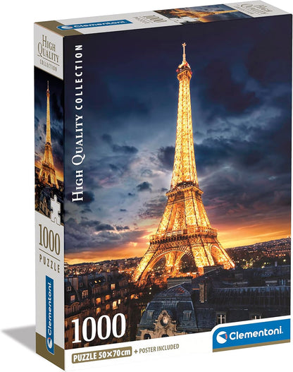 Clementoni High Quality Collection 1000-piece puzzle box shows the brightly lit Eiffel Tower at dusk