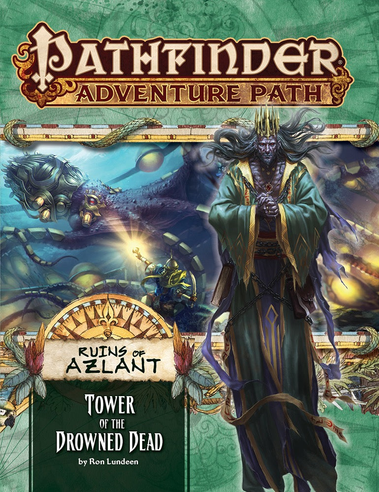A gaunt, crowned king in green robes, chained, stares as a glowing adventurer battles a mechanical kraken in dark waters.
