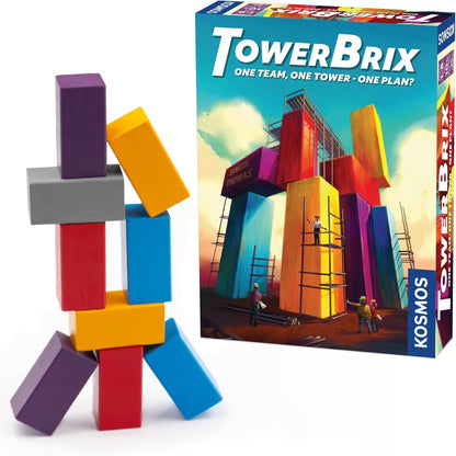Tower Brix game box beside a wobbly tower of colorful rectangular wooden blocks, mirroring the box art