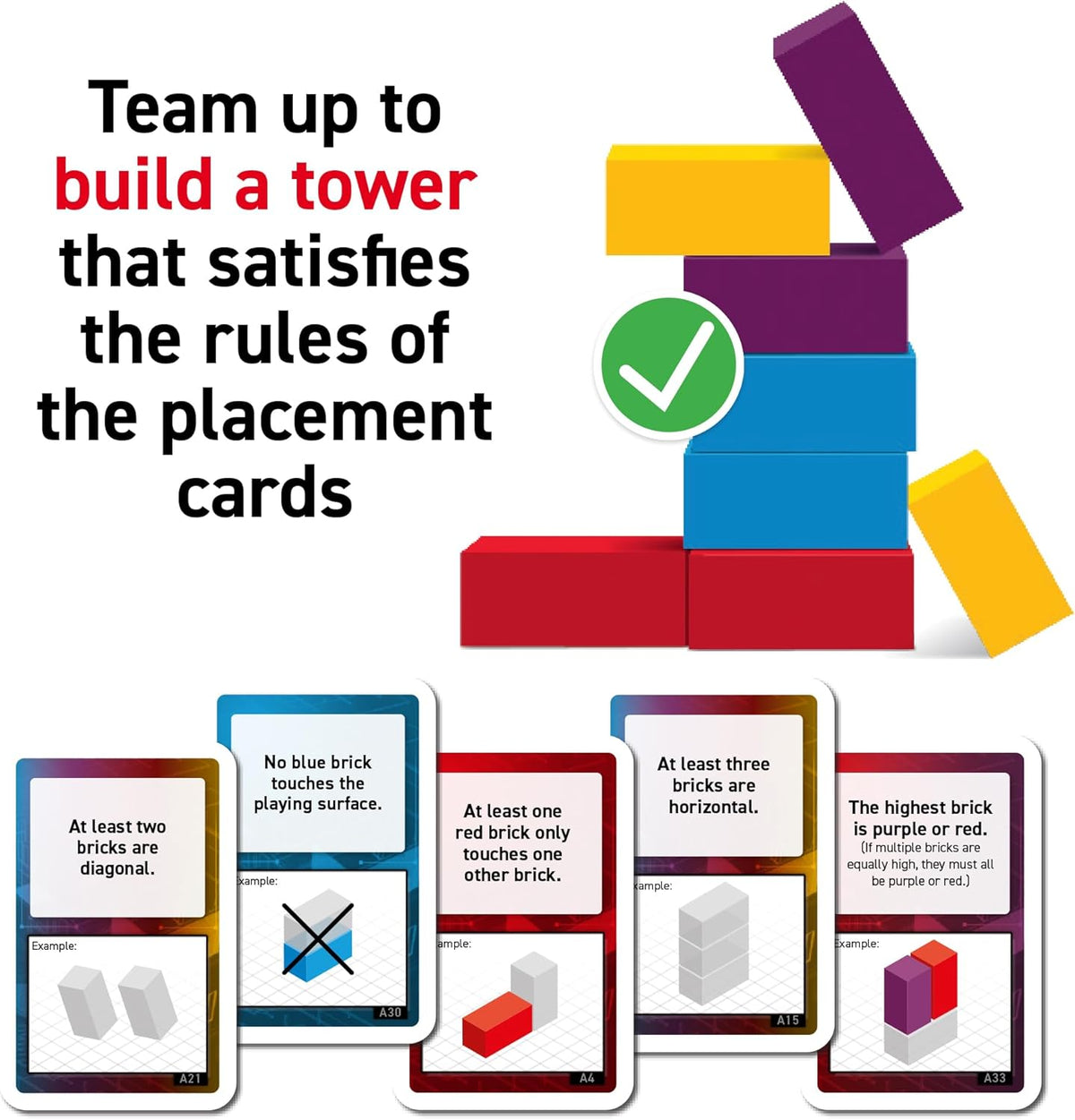 Game image: Build a colorful block tower based on rules from placement cards, showing a valid example with a green check