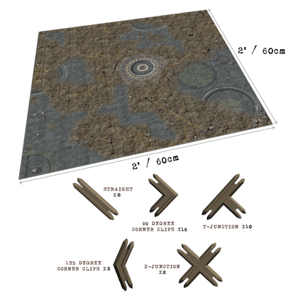 A gridded terrain map with industrial design, showing five labeled modular clips (straight, 90Â°, 135Â°, T, X-junctions).