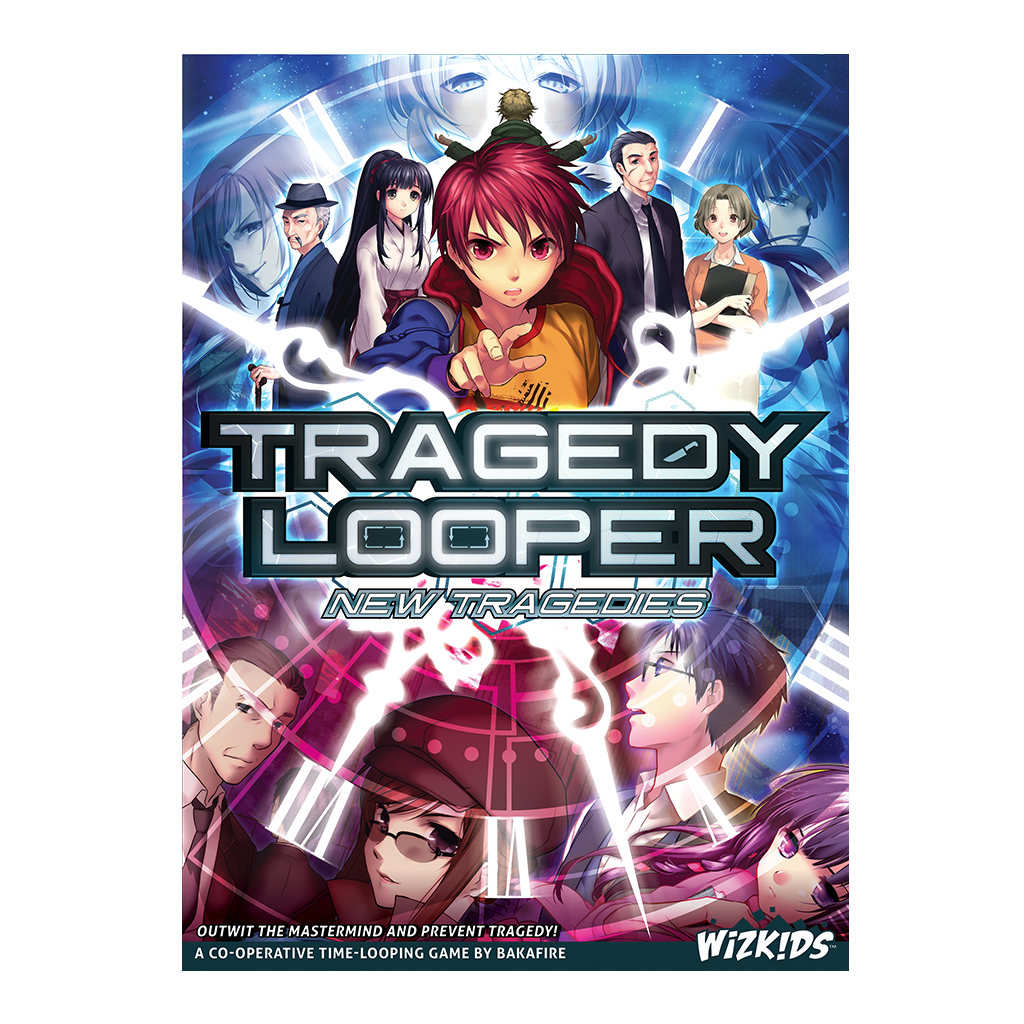 Anime game cover for "Tragedy Looper." A red-haired boy points, surrounded by diverse characters and glowing time-loop effects