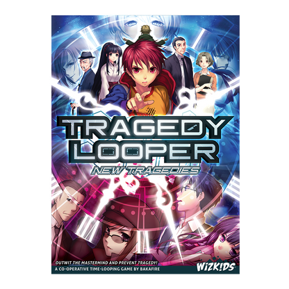 Anime game cover for "Tragedy Looper." A red-haired boy points, surrounded by diverse characters and glowing time-loop effects