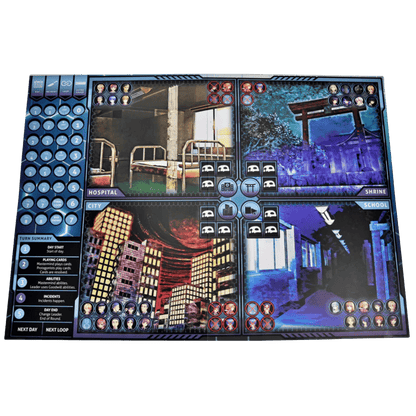 A board game board divided into Hospital, Shrine, City, and School zones, with character tokens and turn trackers