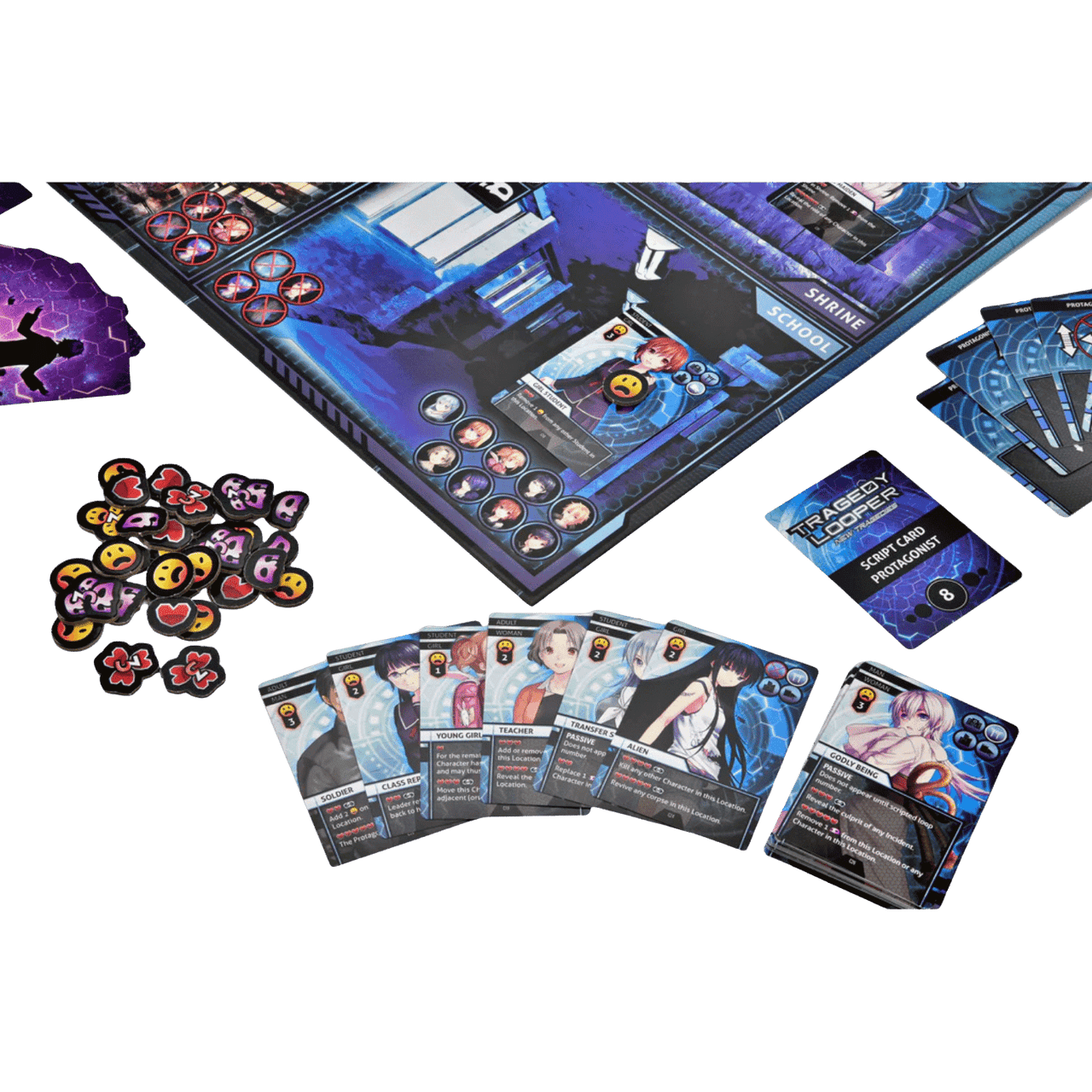 Tragedy Looper game components: anime character cards, a dark blue game board, and small face/heart tokens