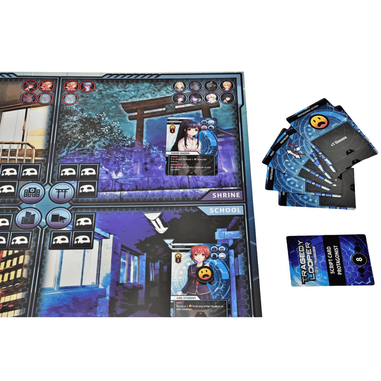 The "Tragedy Looper" board game set up, showing anime character cards on location tiles (shrine, school) and blue action cards