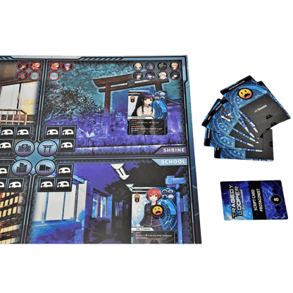 The "Tragedy Looper" board game set up, showing anime character cards on location tiles (shrine, school) and blue action cards