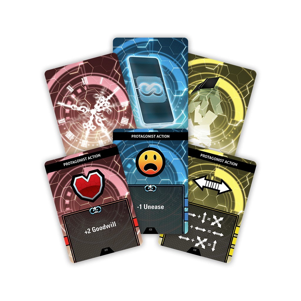Fanned out futuristic game cards showing "PROTAGONIST ACTION" text and icons like a heart, frowny face, and phone on black