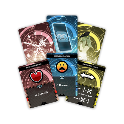Fanned out futuristic game cards showing "PROTAGONIST ACTION" text and icons like a heart, frowny face, and phone on black